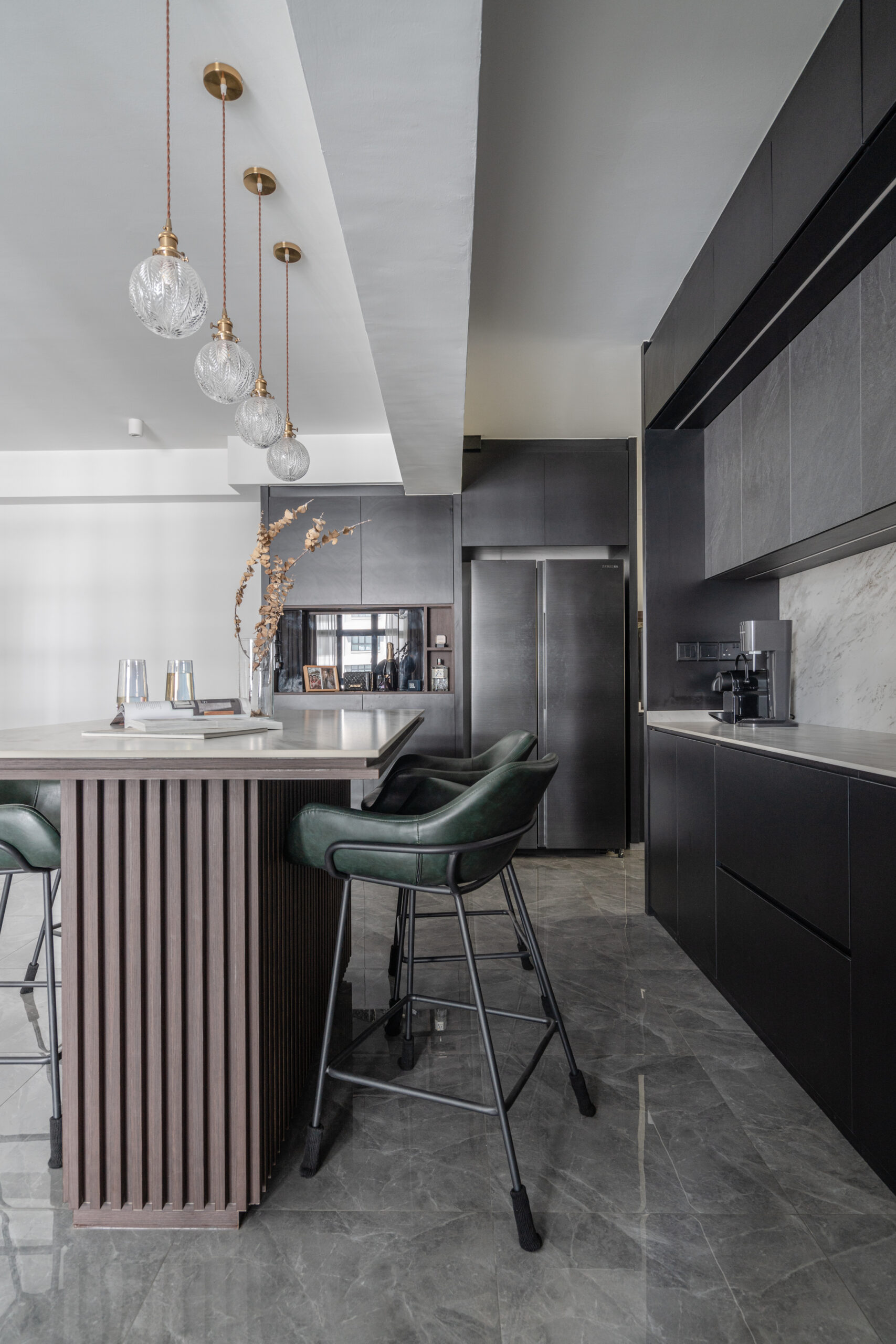 Contemporary HDB home project featuring sleek black cabinets and luxurious marble sintered stone surfaces